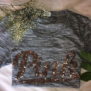 PINK Victoria Secret Grey and Gold Glitter Tee